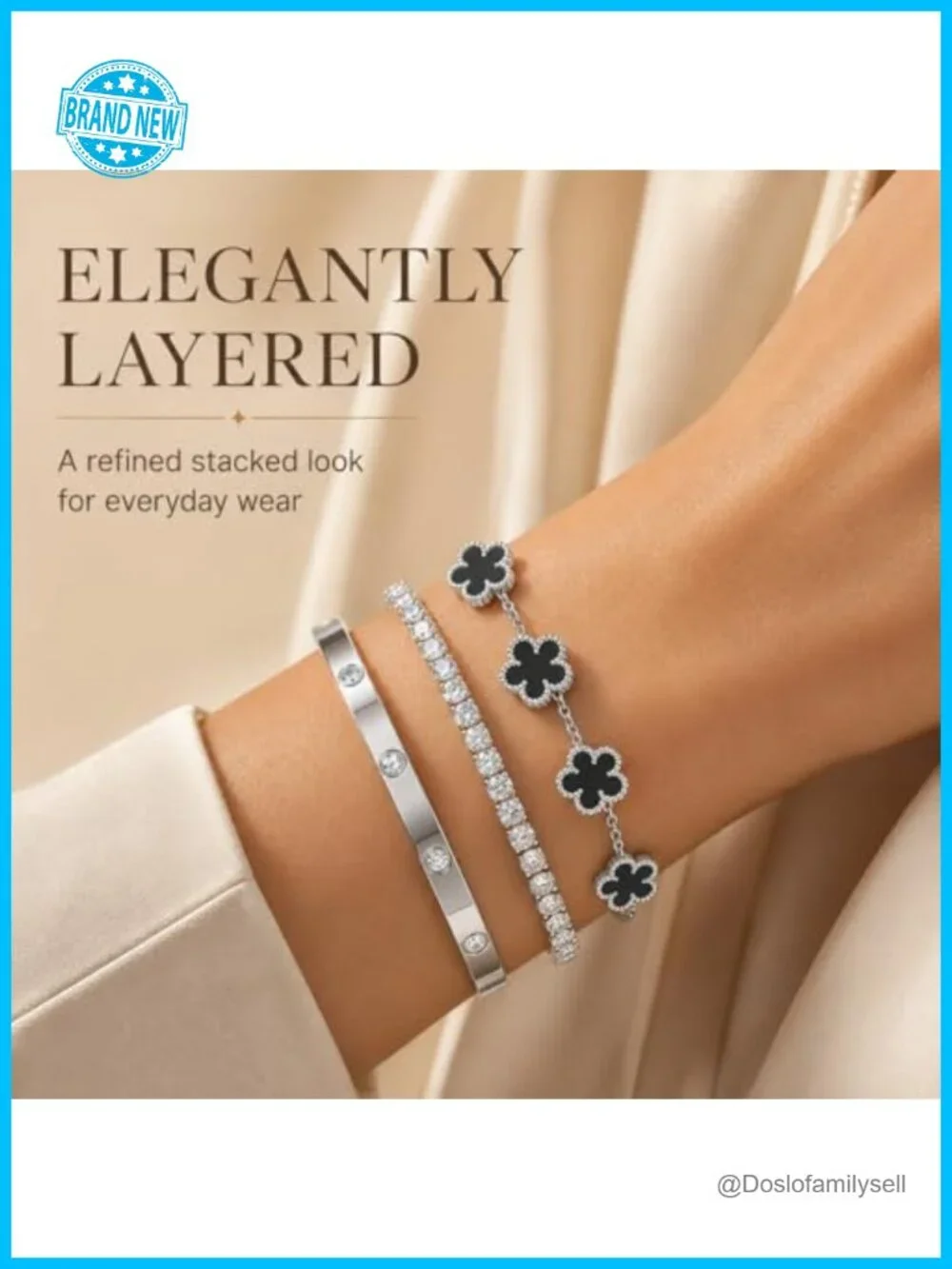 Stackable Floral Silver Bracelets - 3pc Stainless Steel Bangle Set Non Tarnish